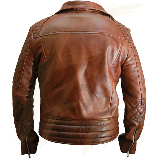 Mens Brown Leather Jacket - Distressed Brown Motorcycle Sheepskin Leather Biker Jacket - Vintage Diamond Quilted Brown Jacket