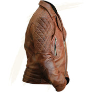 Mens Brown Leather Jacket - Distressed Brown Motorcycle Sheepskin Leather Biker Jacket - Vintage Diamond Quilted Brown Jacket