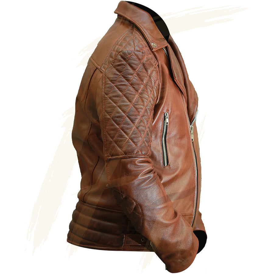Mens Brown Leather Jacket - Distressed Brown Motorcycle Sheepskin Leather Biker Jacket - Vintage Diamond Quilted Brown Jacket
