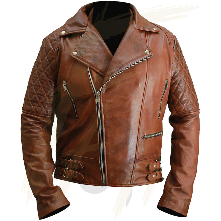 Mens Brown Leather Jacket - Distressed Brown Motorcycle Sheepskin Leather Biker Jacket - Vintage Diamond Quilted Brown Jacket